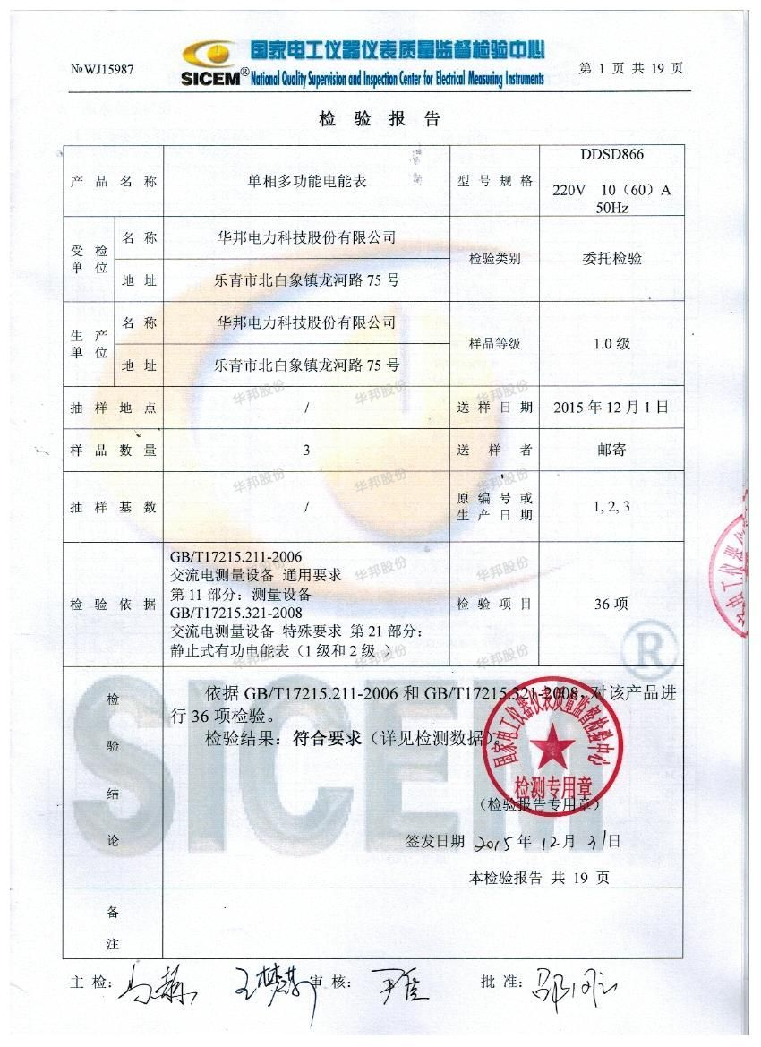 檢驗報告No.WJ15987  單相多功能電能表 DDSD866 220 10（60）A 50Hz 1.0級(國家電工儀器儀表質量監督檢驗中心)